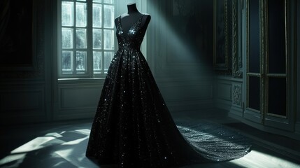 Sparkling dark gown on mannequin in elegant interior fashion photography