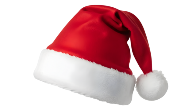 A red santa hat with white trim and pom pom isolated on transparent background for holiday and festive themes - Powered by Adobe