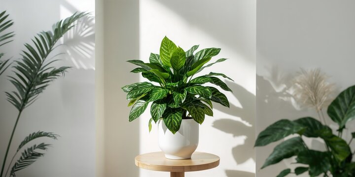 House plant radermachera in an interior space used as a background for text and layout, neutral lighting
