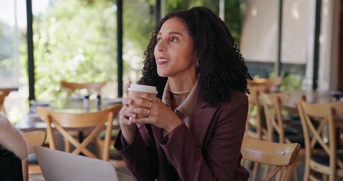 Remote work, reflection or woman in cafe with cup, insight or past memory on calm break. Thinking, nostalgia or freelancer in coffee shop with drink, mindfulness or peaceful perspective in restaurant