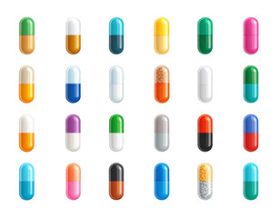 Set of Capsule glyph Pill icons. Medical capsule pictogram isolated on transparent ba