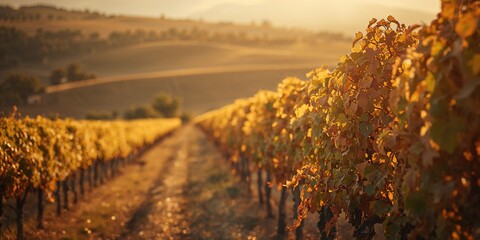 Fototapeta premium Detailed shot of ripe grapevines in a historic wine-producing area, highlighting agricultural labor and crop management