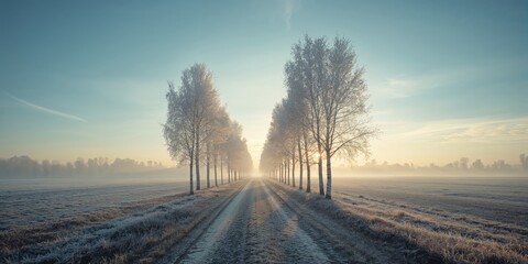 Tree-lined road passing through a forest, emphasizing natural landscape for signage or visual themes