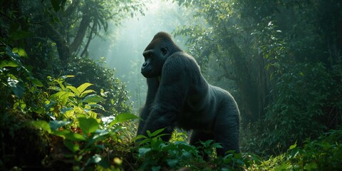Fototapeta premium Wild mountain gorilla consuming vegetation in lush forest environment, focusing on dietary habits and ecological role