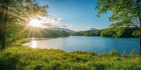 Fototapeta premium Summer nature landscape in Sapporo, Hokkaido, Japan with lush greenery and clear skies, seasonal change