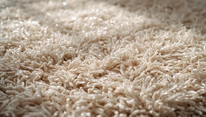 Detailed view of a beige shaggy carpet highlighting fiber intricacies for background use, textures