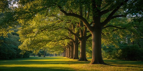 Naklejka premium A lush park with mature maple trees displaying fresh green leaves during late summer, ideal for outdoor activities