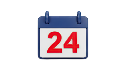 Blue and White 3D Calendar Icon Displaying the Number Twenty Four with Transparent Background