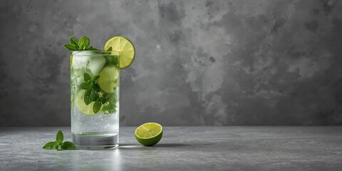 Mojito cocktail with mint and lime on gray concrete surface, refreshing ingredients, World Cocktail Day