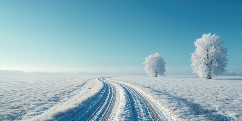 Naklejka premium Winter landscape showing frosted trees, snow blanket over fields, and a dirt trail beneath a blue sky, seasonal change