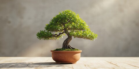 Potted bonsai tree serving as a layout background for design projects, highlighting simplicity and greenery