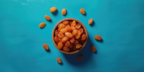 Raisin-stuffed bowl placed on vibrant backdrop, ideal for text overlay or editorial header