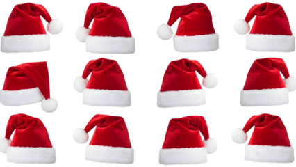 Collection of various red santa hats with white trim and pom poms isolated on transparent background for holiday and christmas designs
