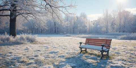 Frozen wooden bench in a park illuminated by sunlight, winter landscape, outdoor setting, seasonal change, Earth Day