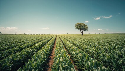 Obraz premium Expansive cassava plantation with bright sky, emphasizing rural farming practices