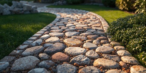 Naklejka premium Stone mosaic walkway with diverse shapes and vibrant colors, emphasizing natural materials in outdoor setting