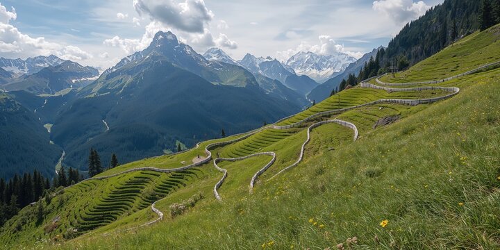 A series of large avalanche barriers on a steep mountain slope between the Mannlichen Plateau and Wengen, erosion prevention measures