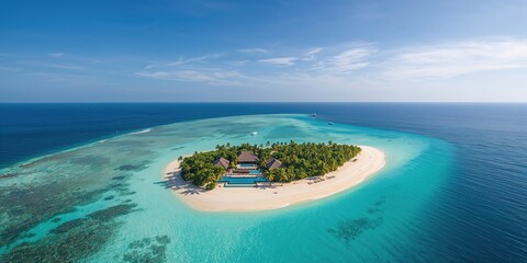 Aerial view of a beach in Maldives, ideal for layout backgrounds, tropical setting