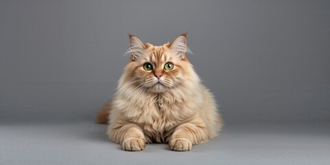 Adult golden British cat with green eyes resting on gray background, relaxation and feline posture
