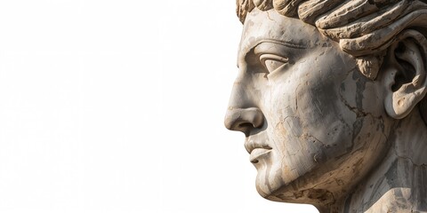 Fototapeta premium Ancient sculpture of a mythical character's head on white background, historical artistry