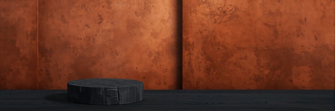 Empty copper orange wall behind a dark black wooden surface used as a rustic product display background
