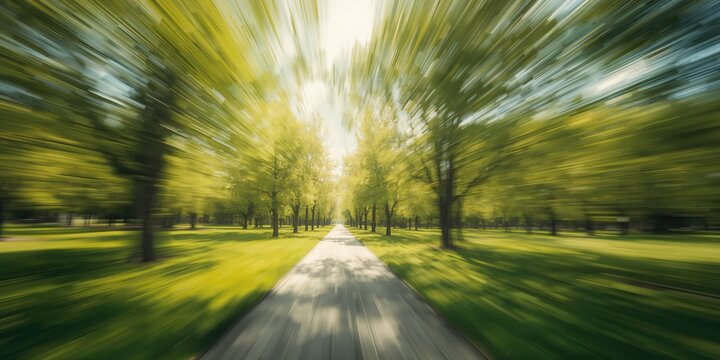 Fototapeta Blurred city park scene with abstract green bokeh, used as a visual backdrop for layout and presentation