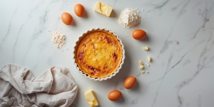 Preparing a quiche in a ceramic baking dish, focusing on the ingredients and baking technique from a top-down perspective
