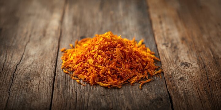 Dried safflower flowers on wooden surface, used in herbal cuisine, natural coloring, Earth Day - Powered by Adobe