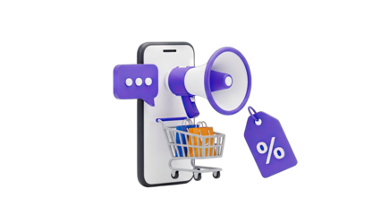 3D illustration of a smartphone displaying a shopping cart with a megaphone and a percentage discount tag symbolizing online shopping and promotions with a transparent background