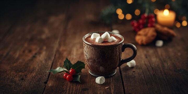 Warm cocoa topped with marshmallows on a rustic wooden surface, winter comfort drink - Powered by Adobe