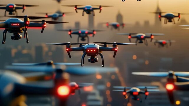 Swarm of Quadcopter Drones Flying in Formation at Golden Hour With LED Lights