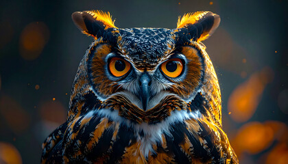 Majestic owl portrait, its piercing orange eyes glowing. Warm, textured feathers highlighted against a soft, blurred background with luminous bokeh. Capturing nocturnal wisdom and mystery