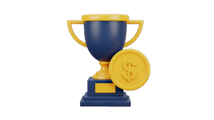 Blue Trophy With Golden Dollar Coin Symbol Showing Success and Wealth on Transparent Background 3D Render