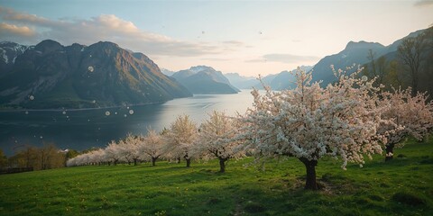 Fototapeta premium Apple orchard in bloom during spring, agricultural activity, Earth Day