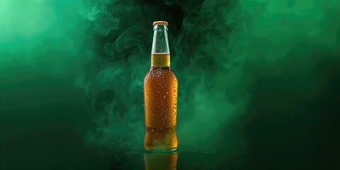 Close-up of a beer bottle with condensation on a green smoke background, beverage cooling and freshness, World Beer Day