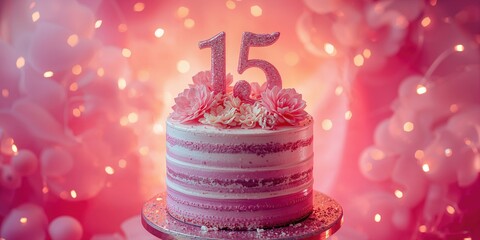 Pink-themed 15th birthday cake displayed with a colorful backdrop, marking a significant age