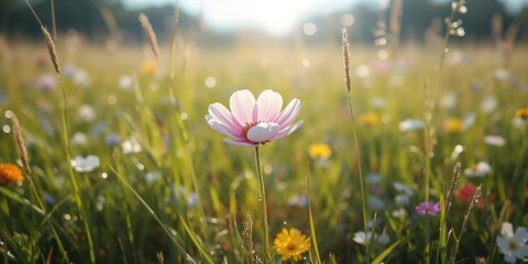 Obraz premium Blooming Cosmos Bipinnatus in a bright summer meadow, ideal for floral background or landscape scenes
