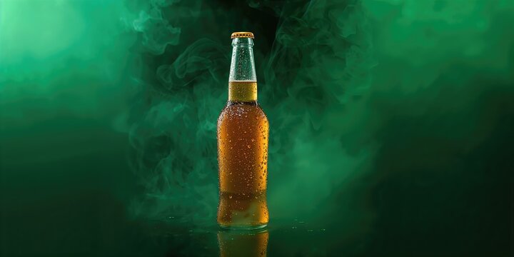 Close-up of a beer bottle with condensation on a green smoke background, beverage cooling and freshness, World Beer Day - Powered by Adobe