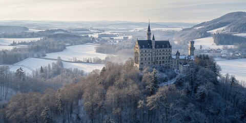 Aerial view of a historic castle in winter, preservation and seasonal accessibility