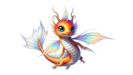 Cute isolated baby rainbow dragon fantasy character illustration isolated PNG with Transparent Background