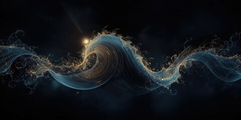 Complex 3-D fractal image of dark-blue ocean wave formations with luminous lines and dynamic color flow, digital rendering