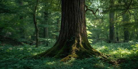 Obraz premium Dense cedar trees in a forest setting, illustrating conservation and ecological stability