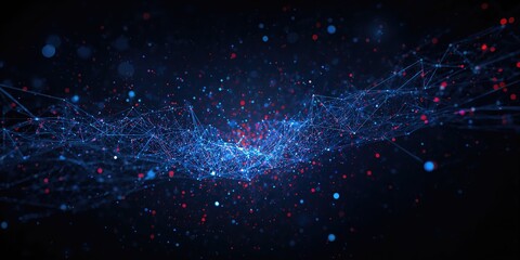 Futuristic digital connection pattern in space featuring dynamic vibrant blue and red particles, emphasizing science and technology themes