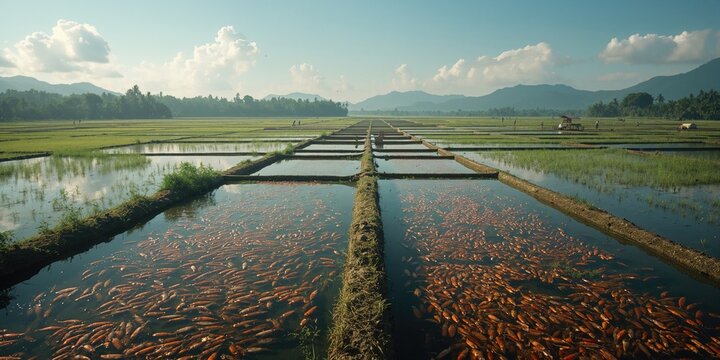 Bird's eye view of aquaculture ponds dedicated to large shrimp and fish cultivation
