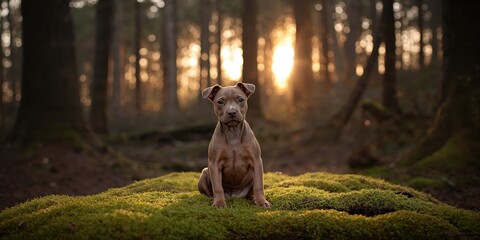 Fototapeta premium American Staffordshire terrier in a forest setting, natural environment for outdoor activity or habitat preservation