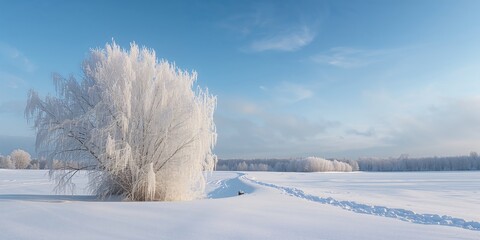 Naklejka premium Frozen white trees on a cold winter day, seasonal change and winter landscape