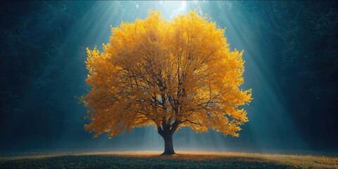 Obraz premium Yellow-leaved trees set against a blue forest background, fall foliage