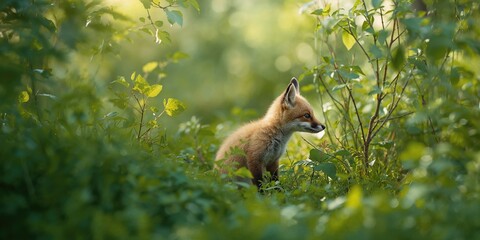 Fototapeta premium Fox kit watching nearby foliage, natural behavior in woodland setting