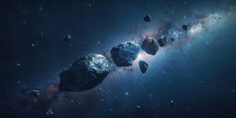 Obraz premium A metallic asteroid belt traverses space amid smaller rocks and waste, highlighting space cleanup efforts