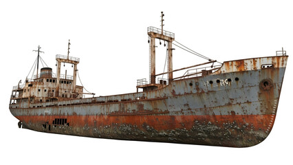 A rusted ship is sitting on the shore, isolated on white or transparent background. PNG